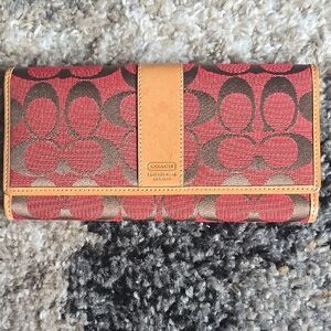 Coach Signature Continental Wallet in Red and Brown with Tan Trim